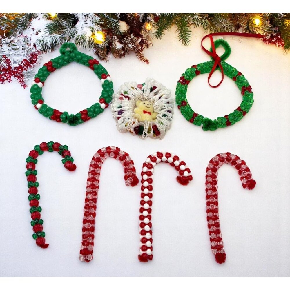Handmade Beaded Christmas Tree Ornaments Wreath Candy Cane Lot of 7